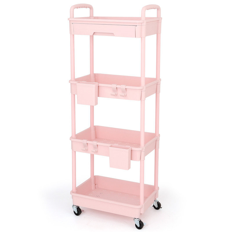 4-Tier Rolling Multi-Purpose Trolley With Drawers,Practical & Versatile Storage Trolley With Plastic Shelves & Lockable Wheels