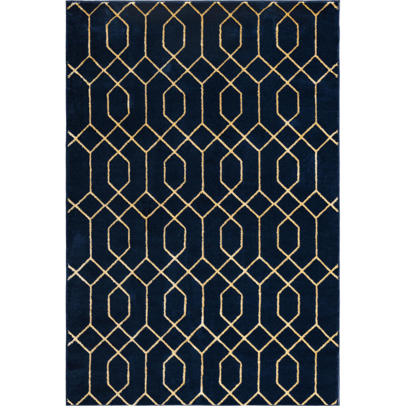 Glam Navy Blue Gold Area Rug, Rectangle 6'1" x 9'