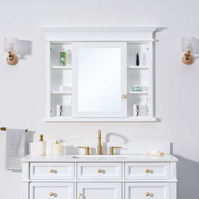 Armoire à pharmacie encastrée à cadre en bois massif avec miroir et tablettes réglables en verre