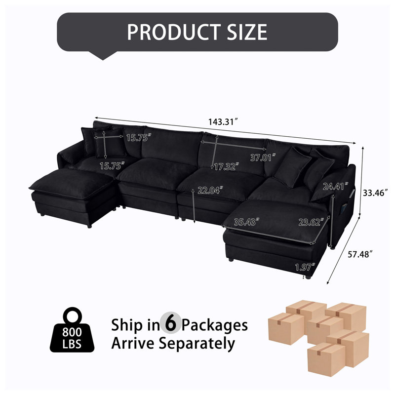 Canapé modulaire en chenille Amiata l 143,31 po x P 57,48 po x H 33,46 po, Chenille noir