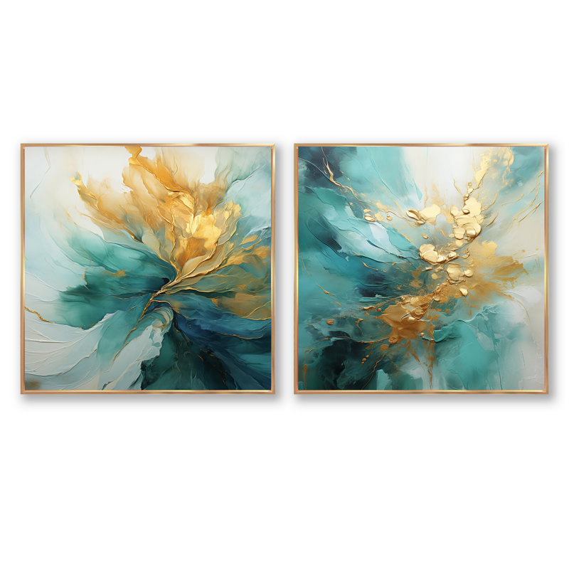 Harmonie aurore dorée et sarcelle - ensemble de 2 collages carrés en spirale abstraite, Cadre flottant doré