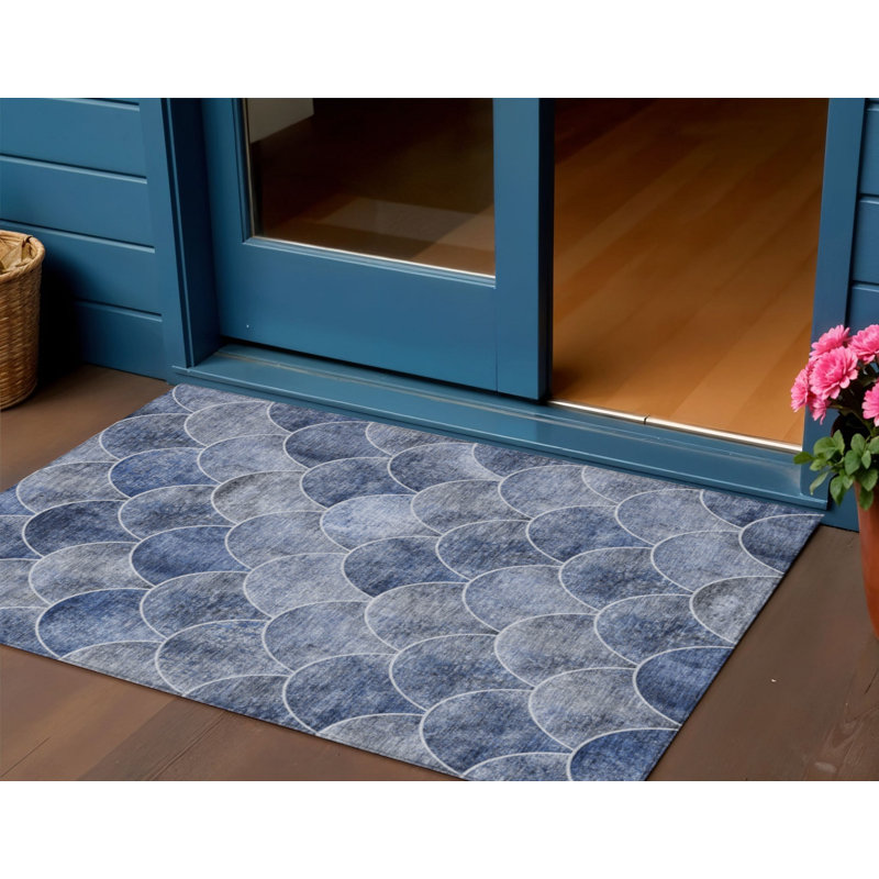 3' X 5' Denim Blue And Gray Abstract Washable Indoor Outdoor Area Rug