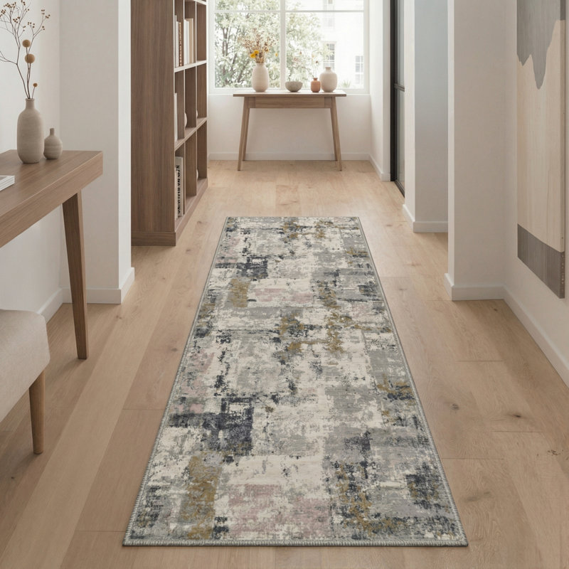 Mignone Novara Abstract Machine Washable Beige / Black / Grey Indoor Area Rug with Non-Slip Backing, Runner 2'3" x 6'