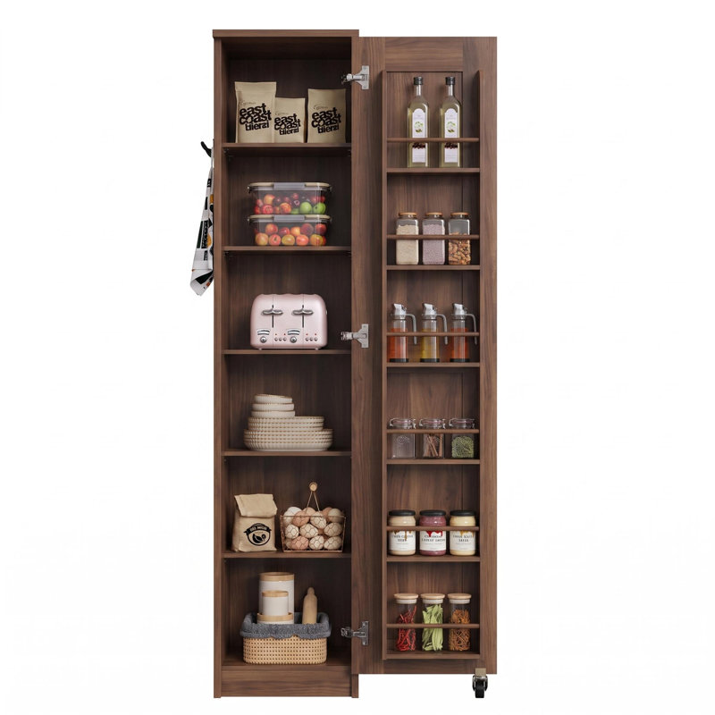 Garde-manger étroit avec 12 tablettes de rangement, armoire de rangement mince à porte simple de 72 po avec 6 tablettes réglables, support de porte et roulettes verrouillables