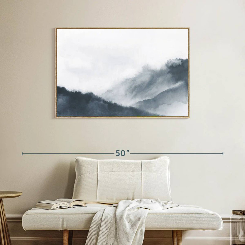 Misty Mountains In Gray, Floating Frame Natural Wood, 40" X 27"