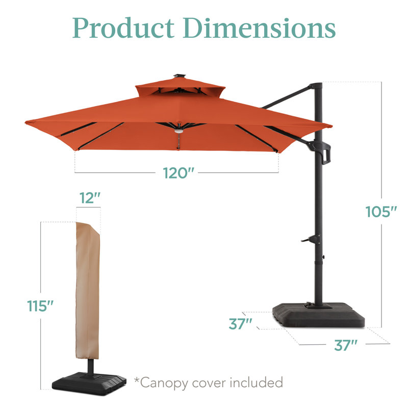 Ronessa 10x10ft 2-Tier Square Outdoor Solar LED Cantilever Patio Umbrella w/ Base Included, Rust