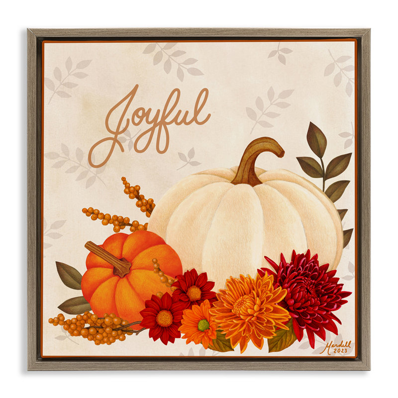 «Joyful Floral Pumpkins», art mural sur toile par Mardell Schuster, H 25 po x l 25 po, Cadre flottant orme Montalcino