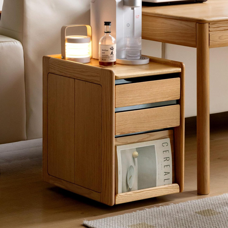 Solid Oak End Table with Wheels, Oak
