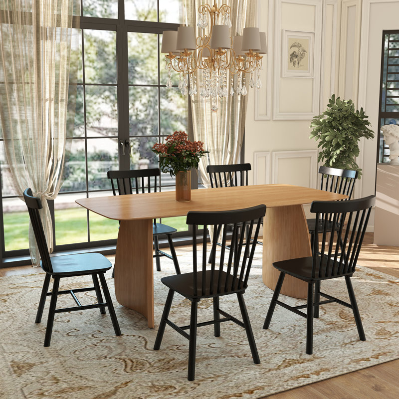 Modern Dining Table Set, Black, 7 Pieces: Table, 6 Chairs, Natural