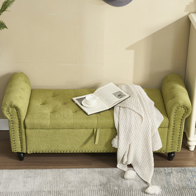 Banc de 55,12 pouces pour la chambre à coucher et le salon. Tissu en lin, bouton, grand espace de rangement, capacité de 275 lb, rivets froids, conception à tirette créative. Pouces, avec fonction de rangement. Chargement peu fréquent