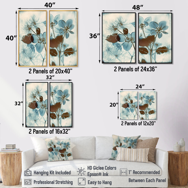 Fleurs botaniques rétro en bleu délavé rétro V - impressions botaniques abstraites, H 20 po x l 24 po, Toile tendue
