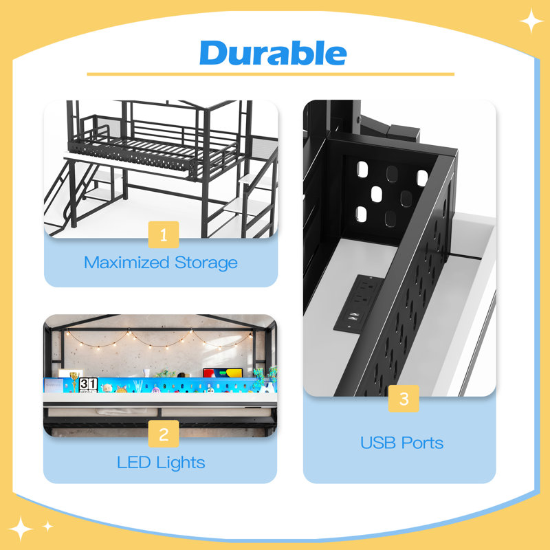 Metal Loft Bed Frame with USB Ports and LED Lights, Noise-reduced Design, Black, Full