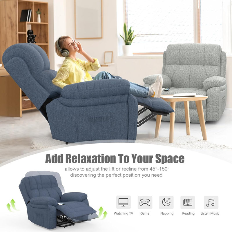 Upholstered Heated Massage Chair, Blue