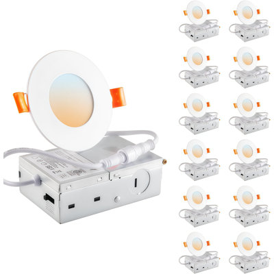 3 Inch Slim 5CCT LED Recessed Panel Light, 6W 360LM Dimmable Canless Downlight, 2700K‑5000K Selectable CCT, RA80, 5‑100% Dimming, White, 12‑Pack
