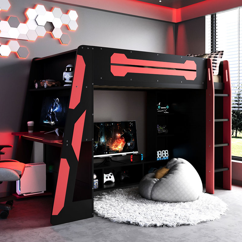 Lit mezzanine simple en bois rouge pour travailler, avec plusieurs tablettes de rangement, une hauteur de 65 po avec un bureau intégré, un éclairage d'ambiance, sous l'espace, une largeur de 40,8 po