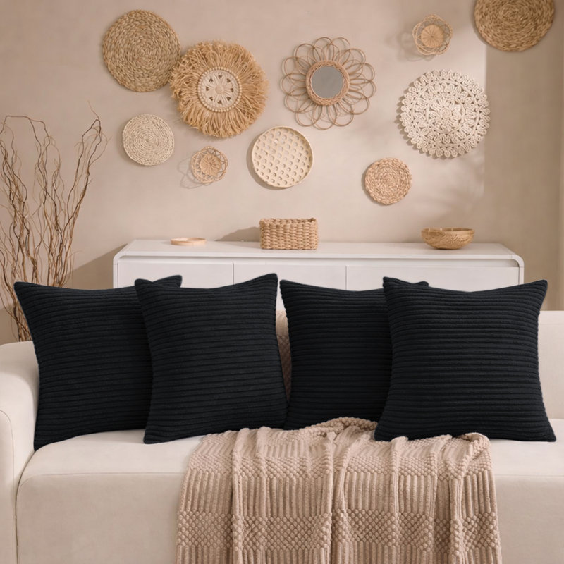 Aspire Homeware Striped Square Velvet Cushion Cover, Black, Pack of 4