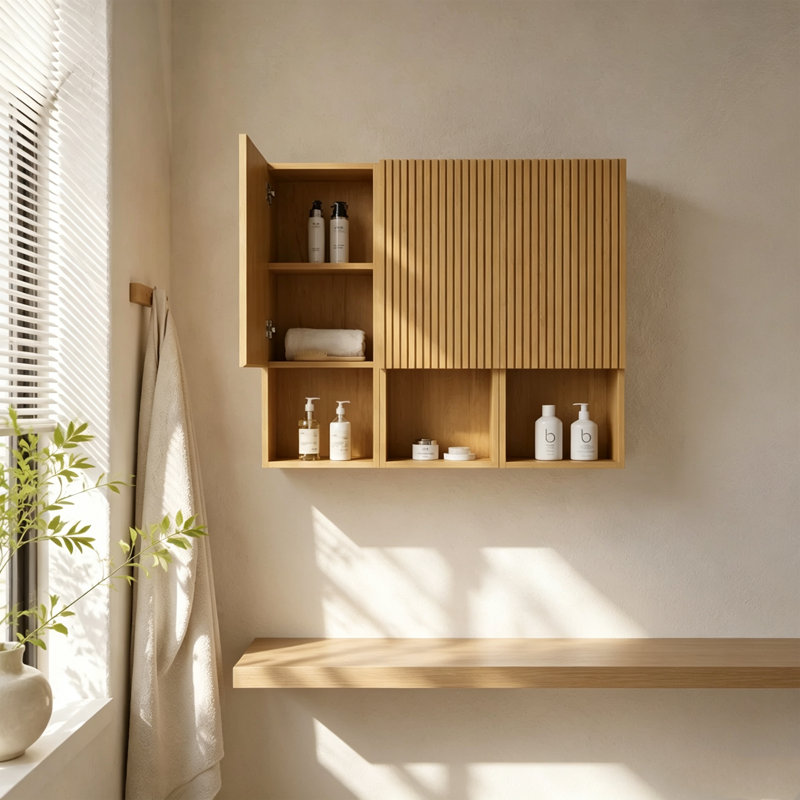 Meuble-lavabo mural moderne en bois massif à lattes flottantes Mid-Century