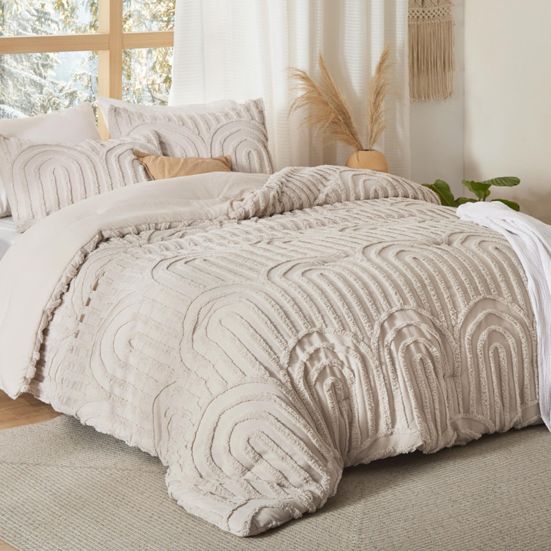 Comforter Set-Arch Jacquard Boho Bedding Sets, Full Comforter + 2 Standard Shams, Beige