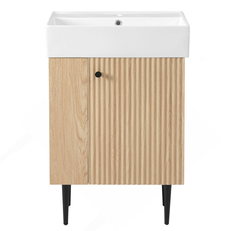 Meuble-lavabo en bois 21,6 po, armoire combinée, meuble de rangement pour salle de bain, lavabo simple en céramique, rangement à gauche