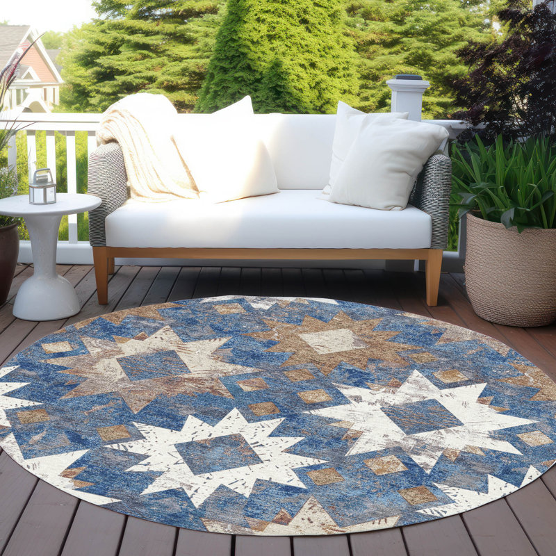 Machine Washable Indoor/Outdoor Xhevrie Blue Rug, Round 8' x 8'