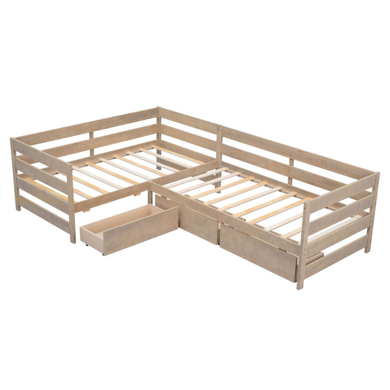 L-Shaped Platform Bed With Three Storage Drawers, Natural