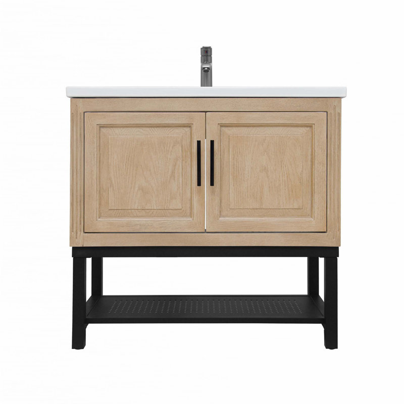 Meuble-lavabo de salle de bain avec lavabo en céramique blanc et robinet d'eau chaude et froide, Naturel, 36"