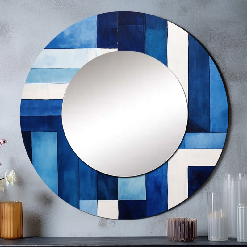Symétrie de saphir bleu blanc - formes abstraites, décor de miroir mural unique, grand miroir rond moderne, impression d'art en métal