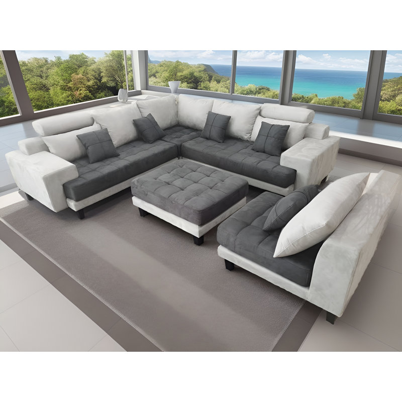 Ensemble de canapé modulaire rembourré en microfibre 5 pièces, Microfibre / microsuède gris clair / gris foncé
