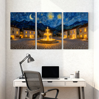 Abstrait nuit étoilée, village, scène de fontaine, ensemble de 3 impressions sur toile