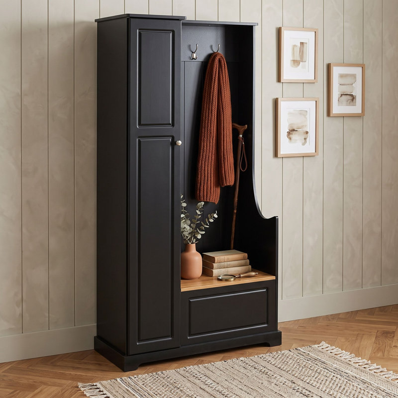 Arbre d'entrée minimaliste avec 3 crochets de suspension, banc de rangement rabattable, tablettes réglables et armoire à chaussures haute