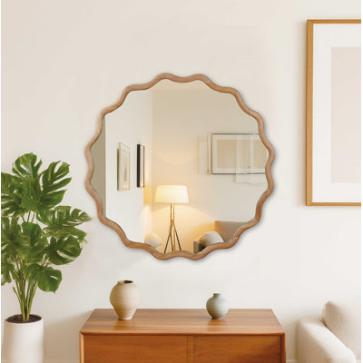 Miroir décoratif en bois naturel 36 pouces avec cadre rond en bois massif ondulé