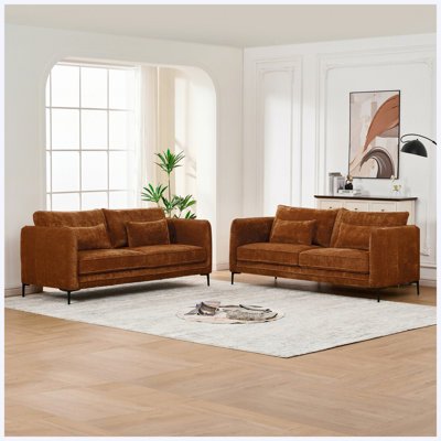 3-Seater Sofa Couch | 3+3 Seat  Modern Sofa with Metal Legs, 3+3 Modern Chenille Upholstered Comfy Sofa for Living Room, Apartment(Caramel)