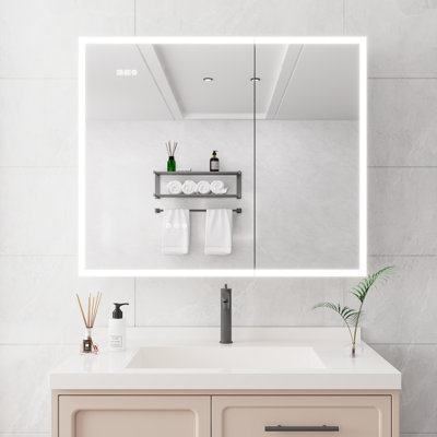 Armoire de salle de bain 3630 pouces avec lumières - miroir à double porte, gradateur, horloge et affichage de la température, 2 ports de sortie, aluminium, armoire à pharmacie à finition thermolaquée, porte, fixation en surface argentée