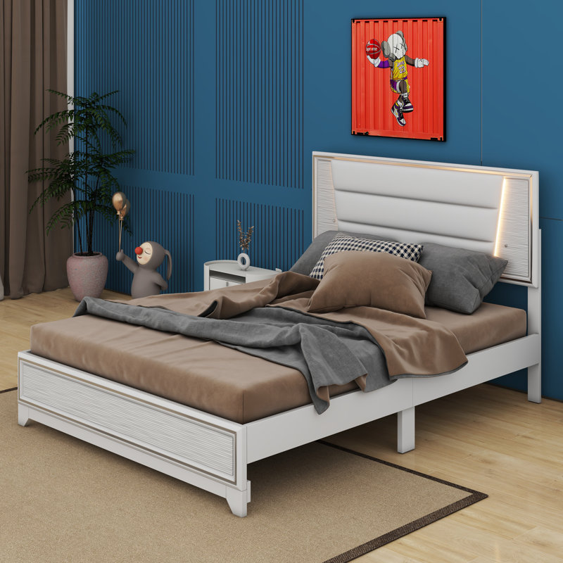 Queen Size PU Upholstered Bed, Headboard With LED Light Strips And Sparkling Shiny Decoration, No Box Spring Required, White