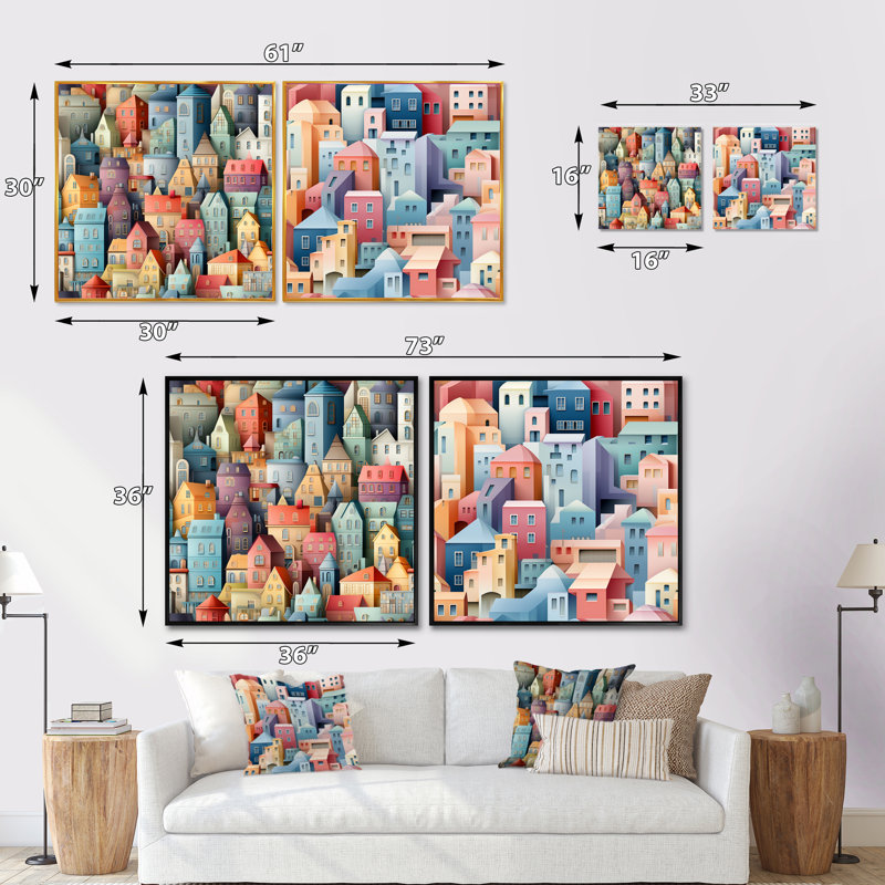 Bâtiments urbains aux couleurs pastel douces III - ensemble de 2 collages carrés abstraits, Cadre flottant doré