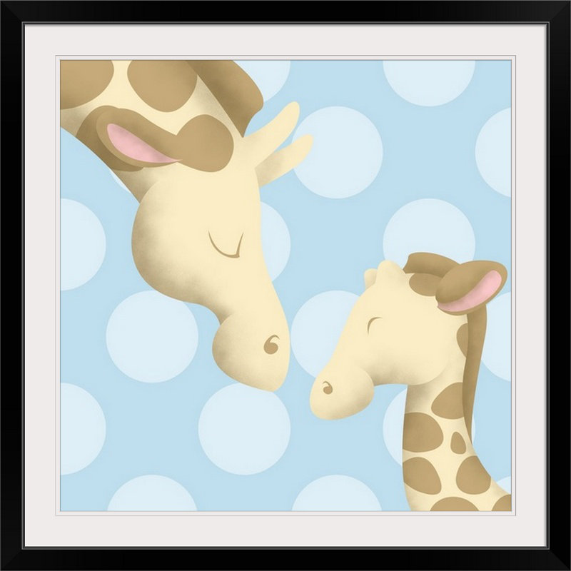 «Giraffe Mommy and Baby on Pink», impression, H 28 x l 28 po x P 1 po, Cadre noir, Bleu