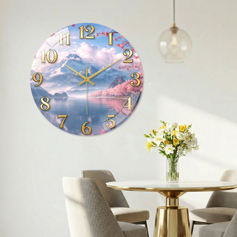 «Mountain Cherry», horloge murale en verre, 40 x 40 cm (15,7 x 15,7 pouces)
