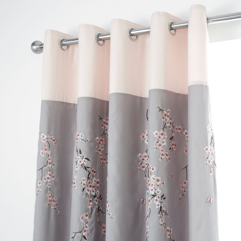 Embroidered Blossom Eyelet Room Darkening Curtains, Grey