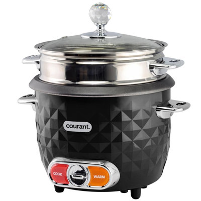 Cuiseur à riz et cuiseur à vapeur de 10 tasses Courant (cuit) avec motif à losanges, cuiseur à vapeur en acier inoxydable, éléments chromés avec poignée en cristal, couvercle en verre, casserole intérieure antiadhésive, comprend une tasse à mes