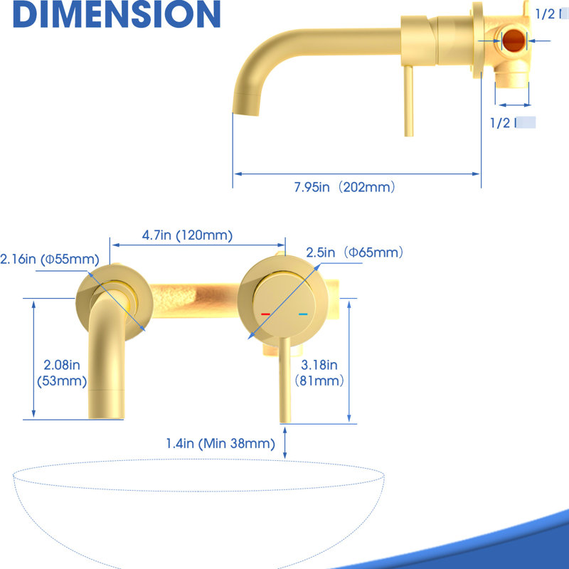 Bathroom Wall Mount Faucet, Brushed Gold, Lever Handle, 11.68 In. Depth, Reliable Build Gold Tap For Bath, Single Handle 2 Holes, 360-Degree Swivel, Convenient Operation