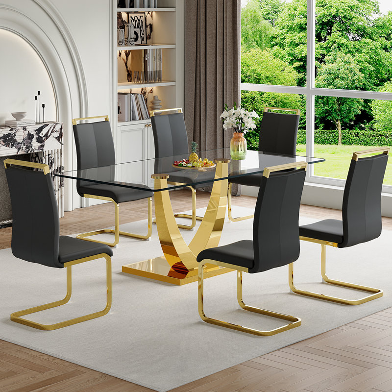 Ensemble de table de salle à manger en verre, Noir, noir, noir, noir, 7