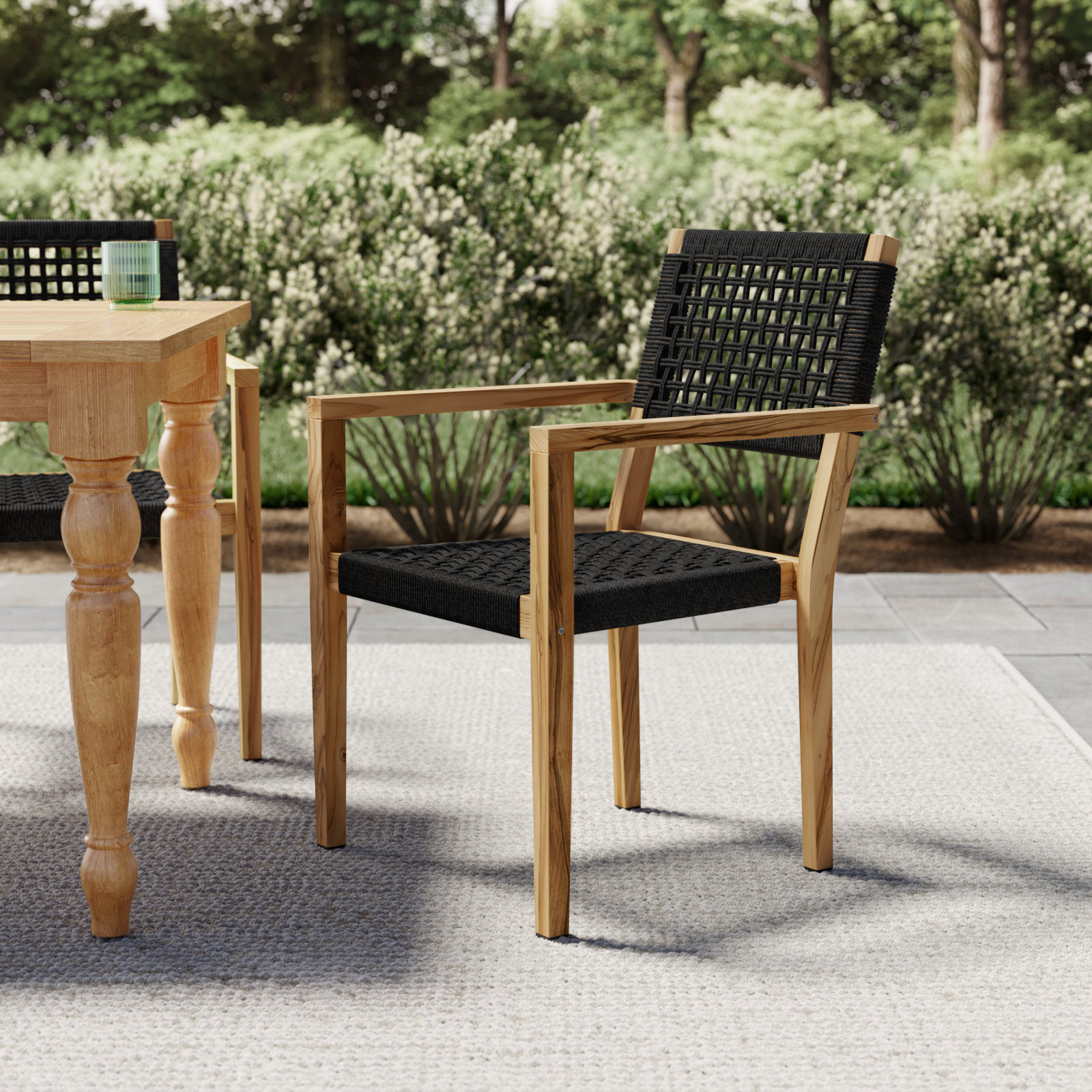 Cava Solid Teak Wood and Rope Stacking Armchairs, Black