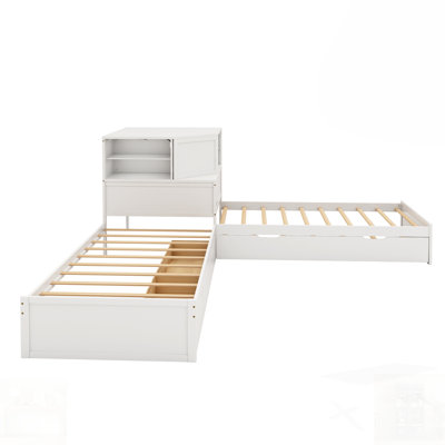 L-Shaped Combination Twin Bed Frame With Trundle, Drawer, And Built-In Desk, Featuring LED Downlight For Space-Saving And Multifunctional Use In Small Rooms