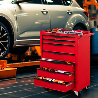 7 Rolling Tool Cabinet - Large Capacity Metal Box With Wheels For Workshop, Office Red Garage, Work Shop, Warehouse