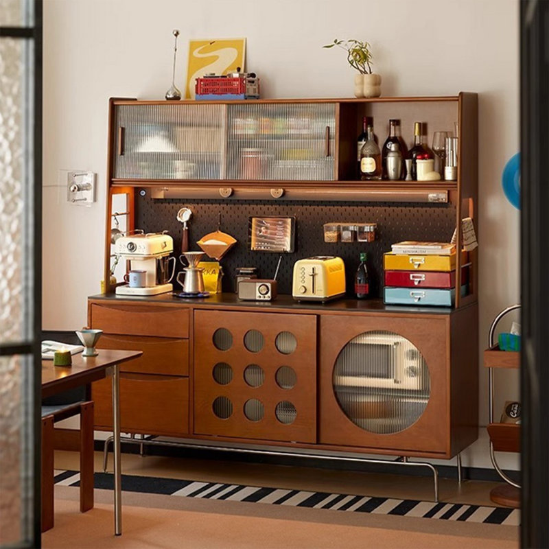 Buffet en bois massif et composite noir, fini noyer, avec comptoir en pierre, 58.66"W*17.52"D*70.47"H