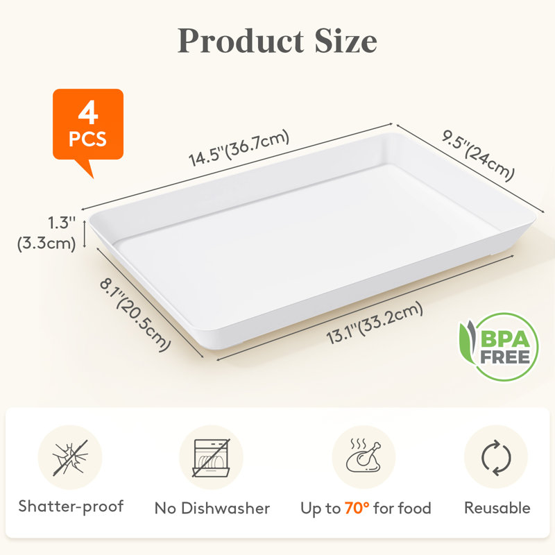 4 plateaux de service en plastique pour articles de fête, plateaux blancs de 15 po x 10 po pour servir les aliments, grand plateau réutilisable pour buffet, fruits, dessert, légumes, essentiels de Noël, rectangle