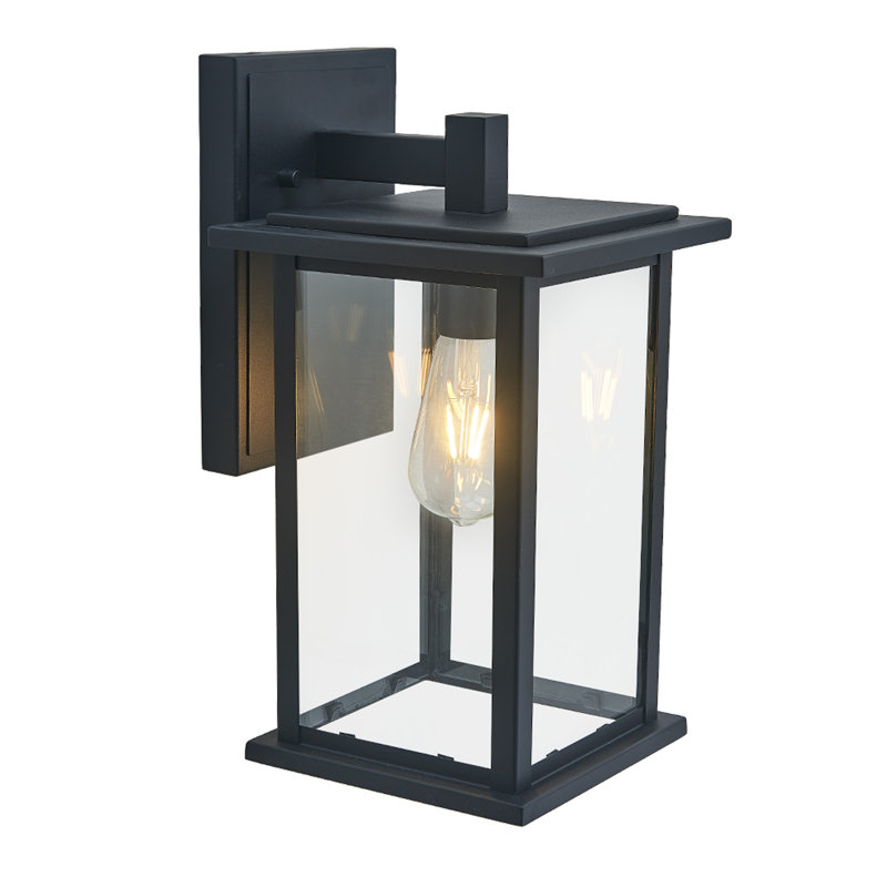 Modern 15-Inch Outdoor Wall Lamp with Clear Glass Shade- Textured Black Finish, ETL Wet Rated for Entryway or Garage
