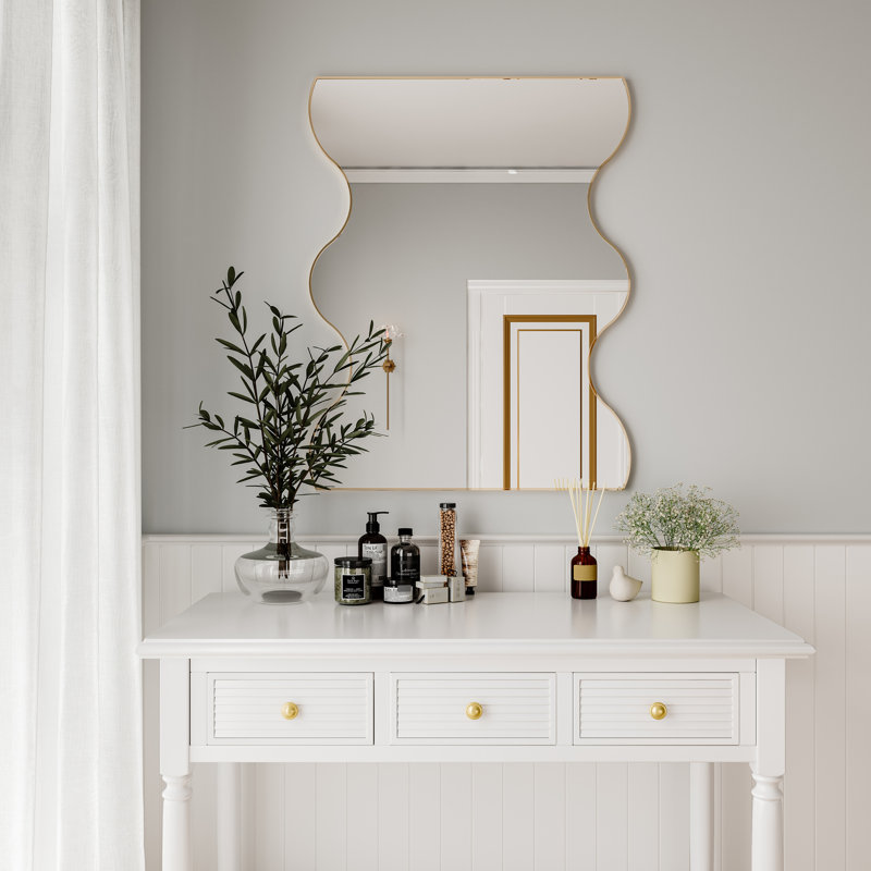Miroir rectangulaire de 30 po x 35 po avec cadre en métal doré et 2 côtés ondulés - Meuble-lavabo pour salle de bain, salon, chambre à coucher