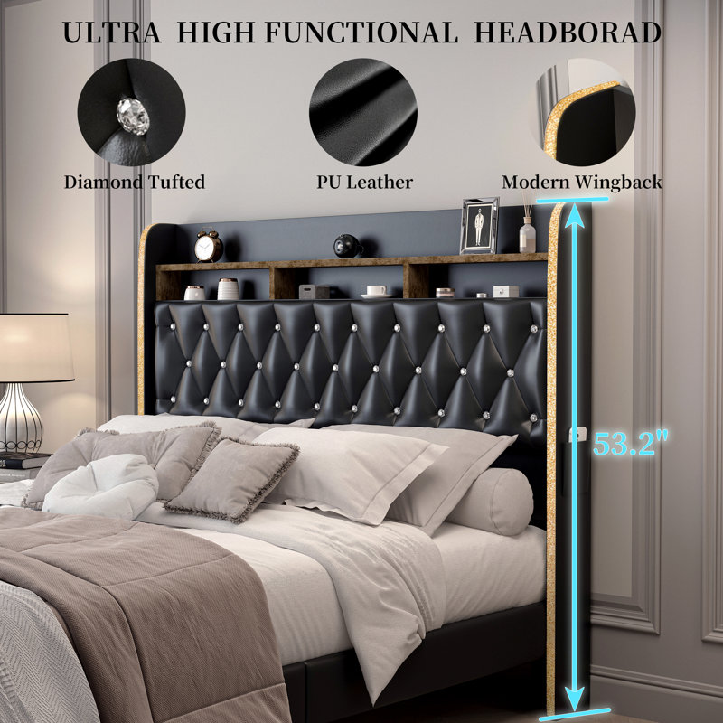 Structure de lit tapissier à oreilles avec haut-parleur USB Galaxy Star, tiroirs et tête de rangement, Queen, Noir