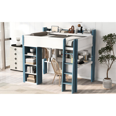 Lit mezzanine double en bois pleine grandeur avec bureau intégré et tringle suspendue, finition élégante blanche + bleue, sommeil sécuritaire, rangement pour espace de travail, polyvalent, design compact